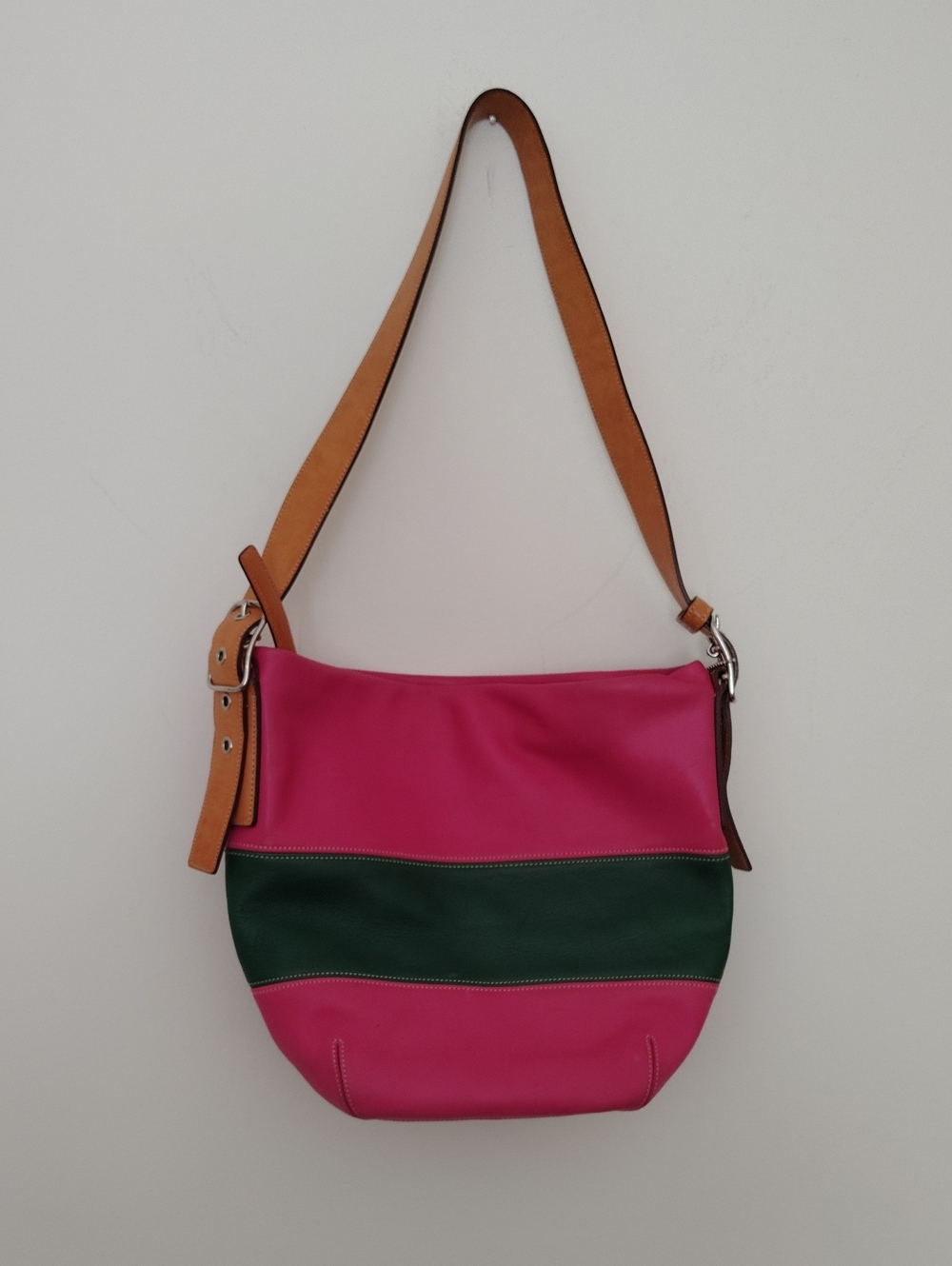 Coach Pink and Green Colorblock Shoulder Bag with Tan Strap